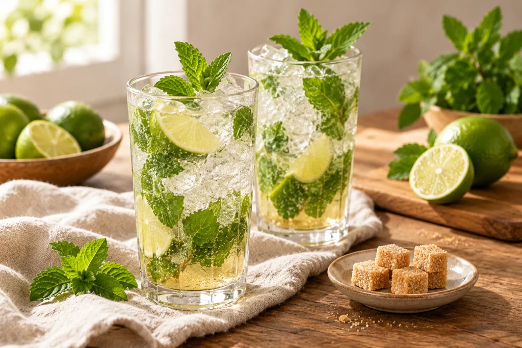Nealkoholické mojito s třtinovými kostkami