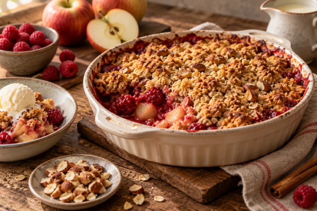 Jablečno-malinový crumble se skořicí