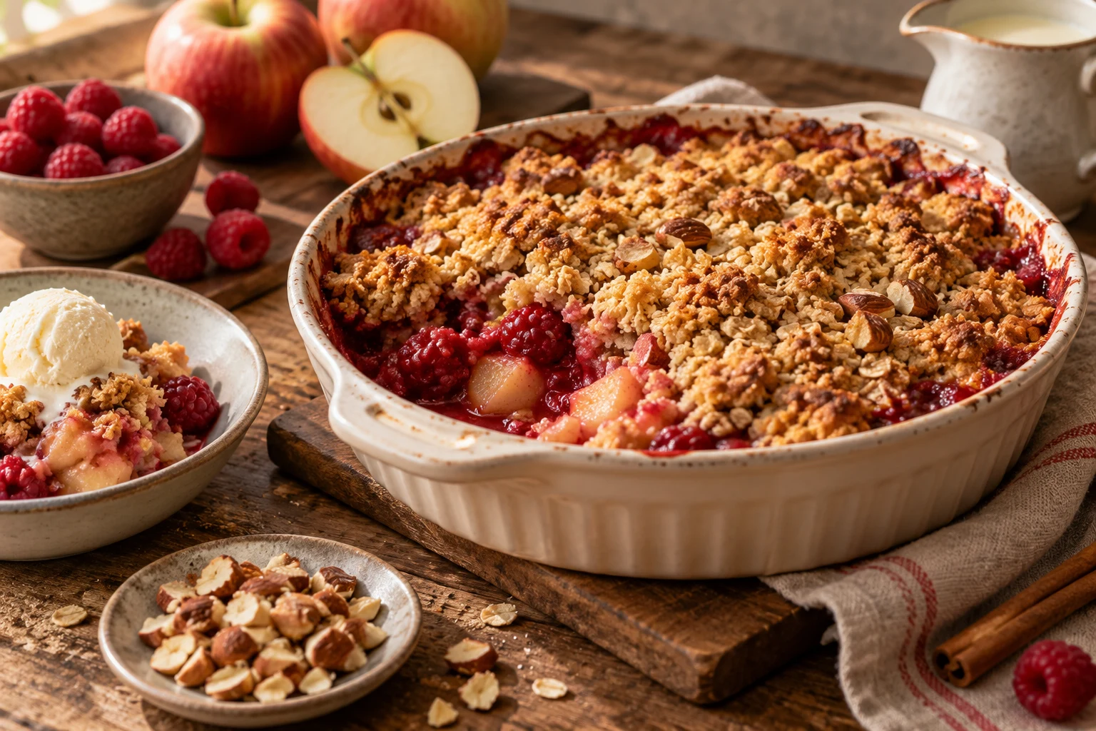 Jablečno-malinový crumble se skořicí